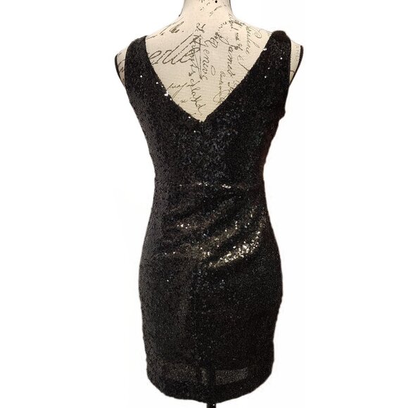 Lulu's Black Sequin Mini Dress Small - LBD Party Bodycon Glam Glitzy Sparkly - Picture 2 of 10